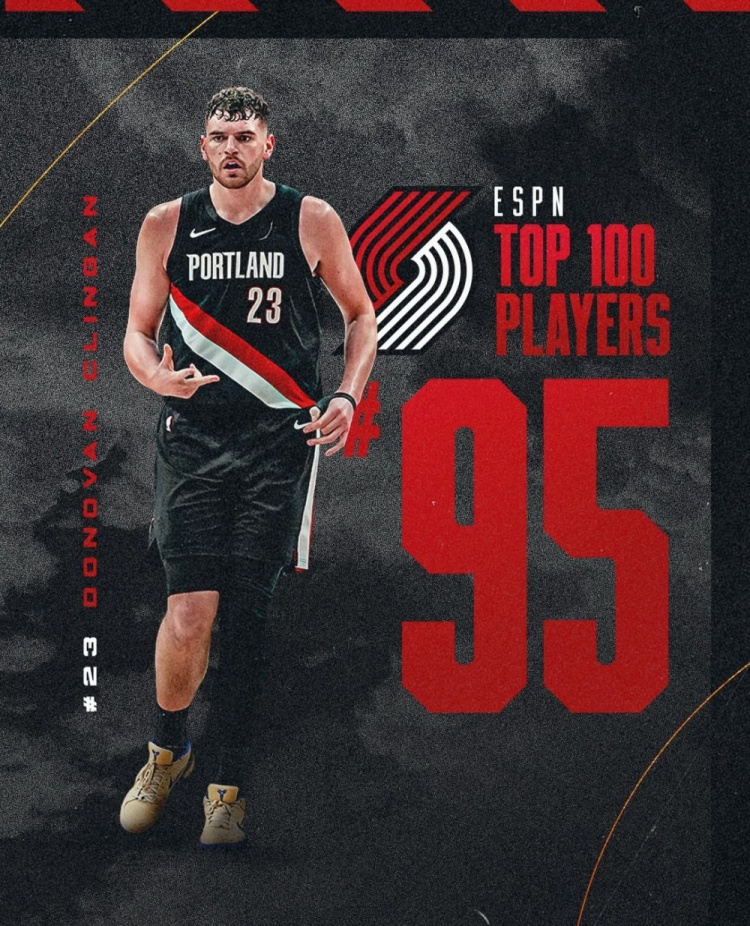开拓者晒队内ESPN前100球员：克林根95 莫兰特77 利拉德69 阿福27